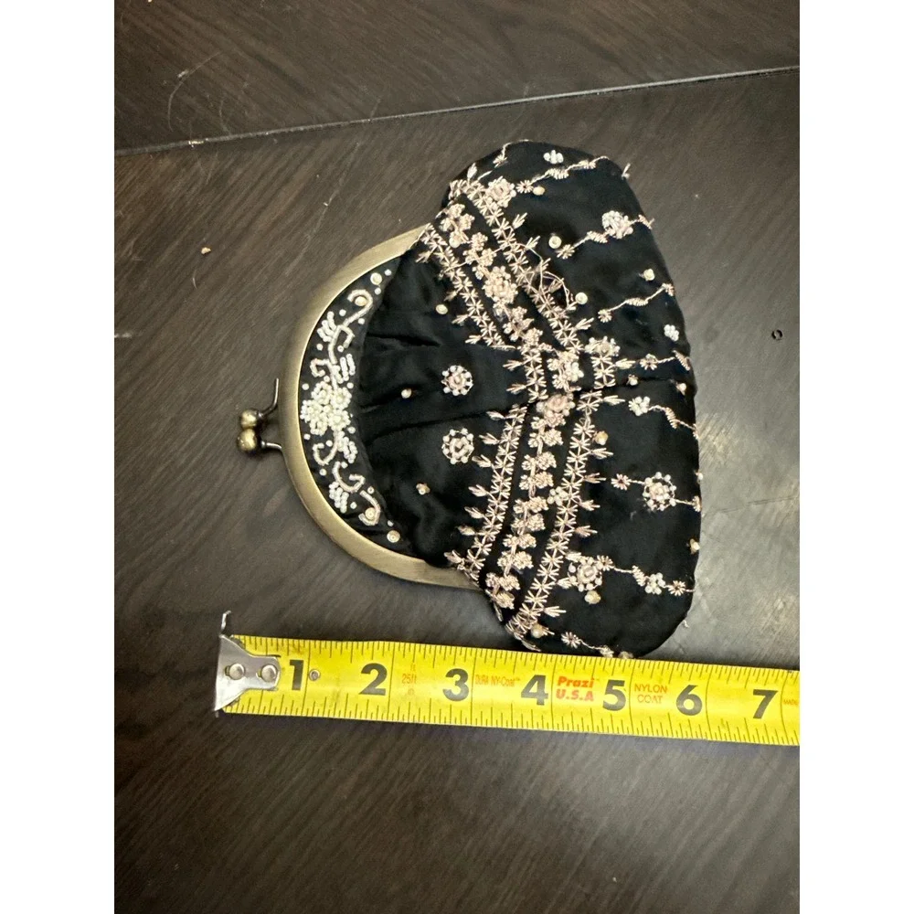 Valerie Stevens‎ Black Beaded Embroidered Evening Bag Kiss Lock Crossbody Mirror